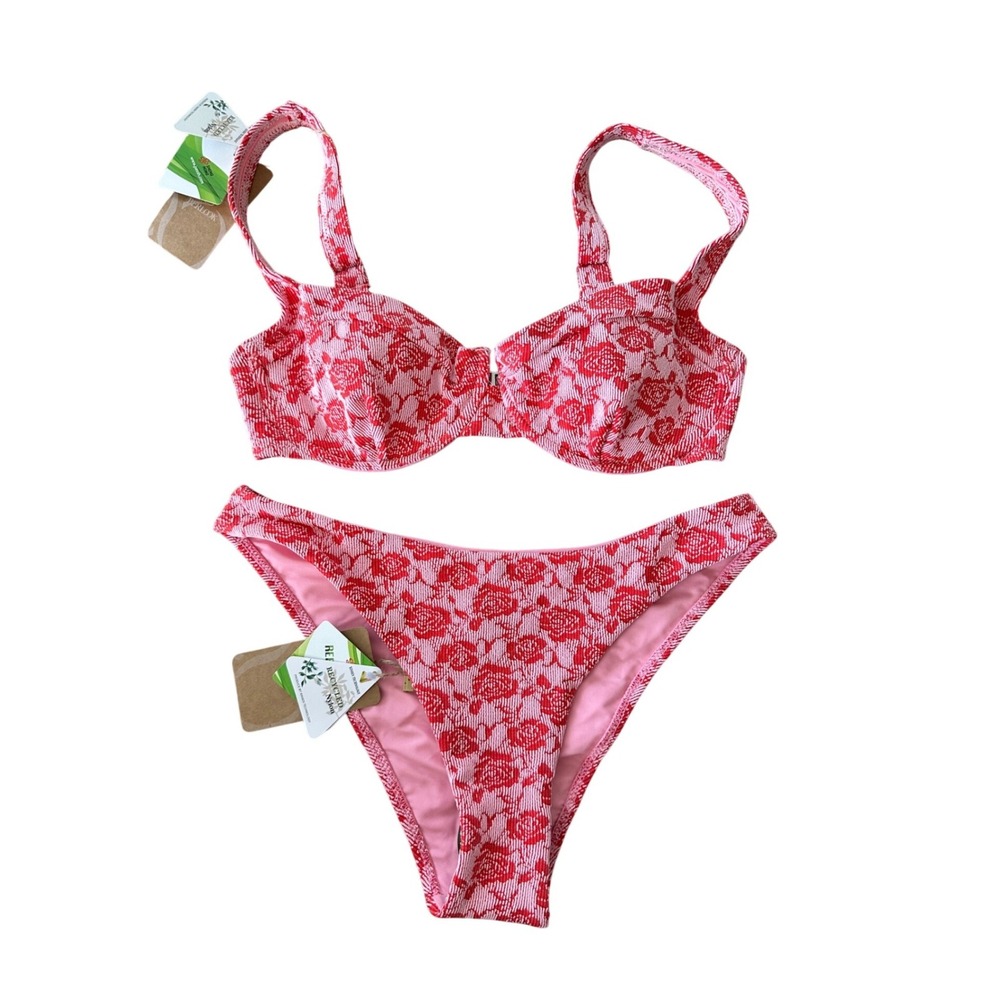 Berlook Revolve Pink Red Floral Underwire Bikini Set Recycled Nylon NWT Size M